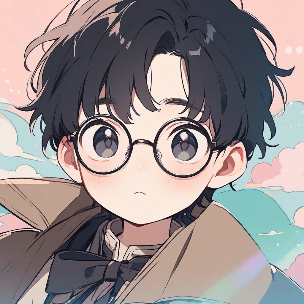 Boy, black hair, pastel colors, face close up, adventure, explorer, round glasses, simple, black eyes, cute, detective