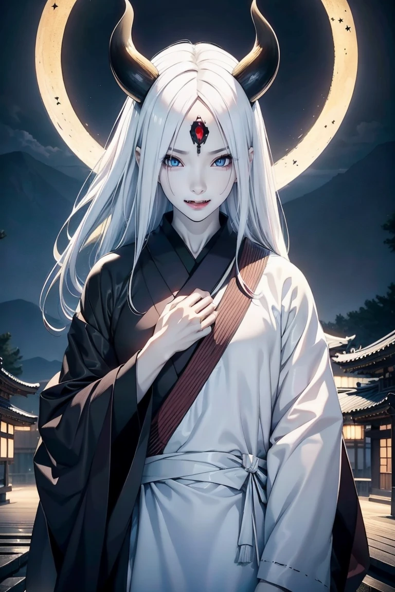 1 man, 40 years, solo, black kimono, night sky, japanese temple, wallpaper, perfect anatomy, perfect hands, masterpiece, looking at viewer, spiked hair, otsutsuki momoshiki, long white hair, hair over one eye, black gloves, third eye, pale skin, horns, forehead mark