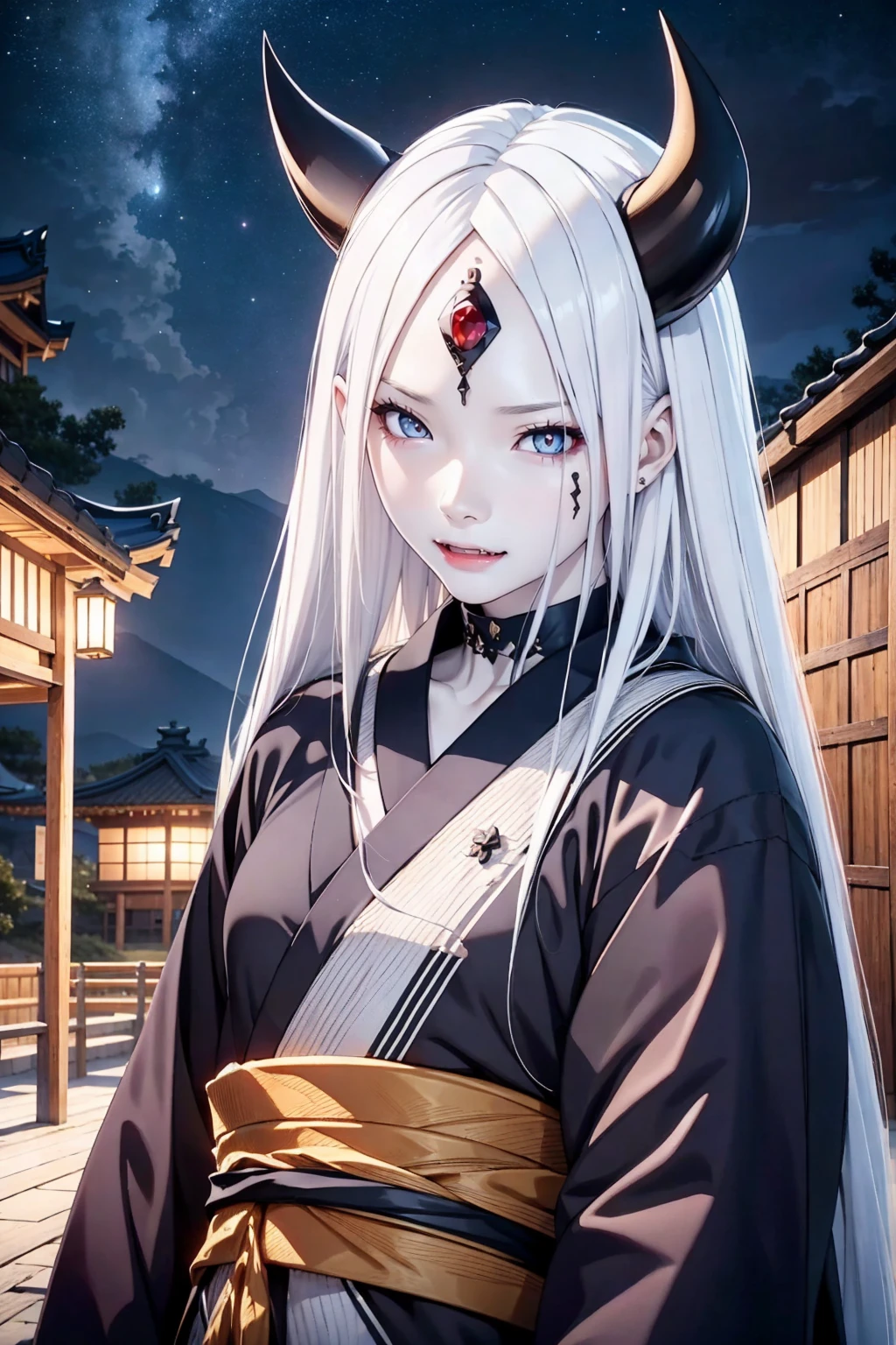 1 man, 40 years, solo, black kimono, night sky, japanese temple, wallpaper, perfect anatomy, perfect hands, masterpiece, looking at viewer, spiked hair, otsutsuki momoshiki, long white hair, hair over one eye, black gloves, third eye, pale skin, horns, forehead mark