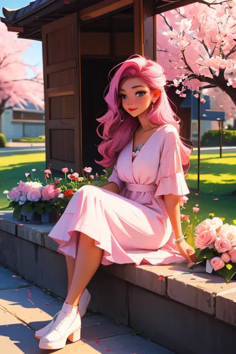 a pink haired woman with violet eyes with an hourglass figure in a summer dress is sitting with a bouquet of peonies in the cher...