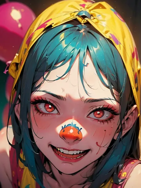 (a girl with) blue hair and a red clown with clown makeup are surrounded by red balloons, cutecore clowncore, creepy clown girl,...