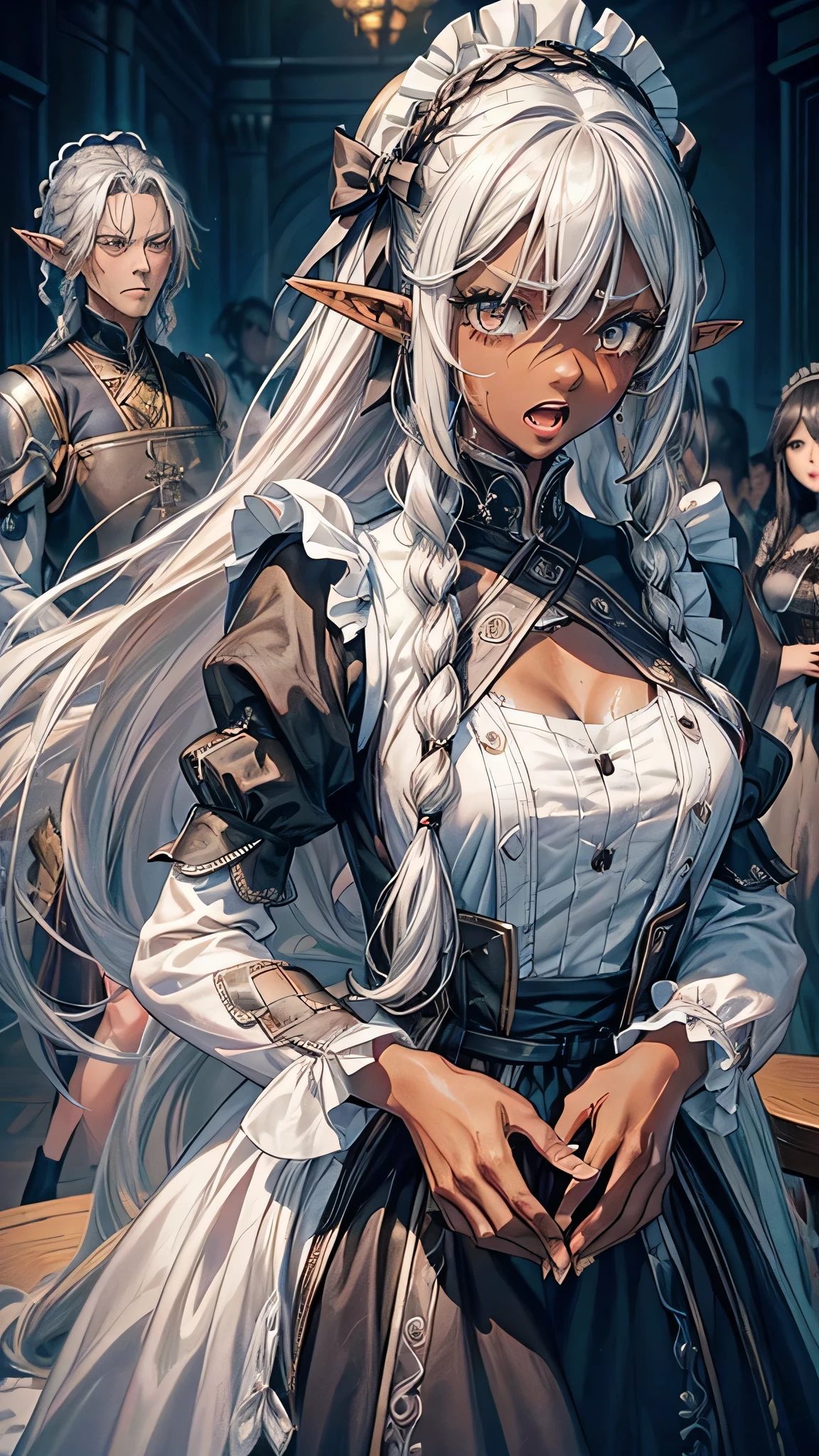 (black:1.4 skin), (angry face) (Dreadlocks:1.2 silver hair long hair beautiful elf:1.1 woman, 1000 yo, cute silver eyes, , open mouth, sweaty), (in a Maid clothes), break, panoramic (in the Roundtable discussion), perfect anatomy, masterpiece, best quality, 16k.