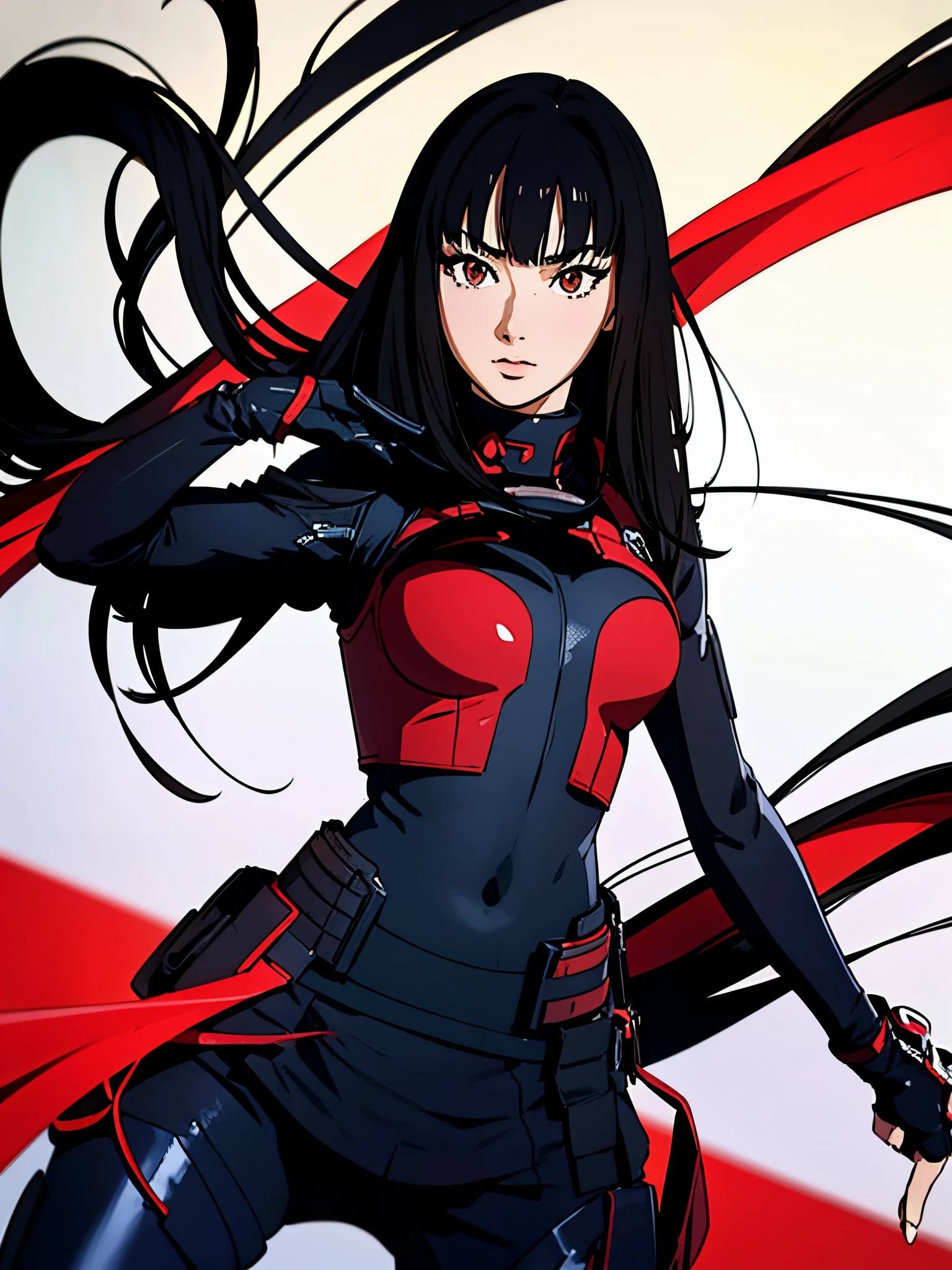 digital art drawing, illustration of (anime girl, long black hair with bangs, brown eyes, flat chest, confident look, black and red latex suit, tactical vest), anime drawing/art, bold linework, illustration, digital art, masterpiece, flat illustration, no shadows, 8k resolution, high detail, vector art, only anime, perfect eyes, perfect hands, perfect fingers, sharpness, high clarity, medium close up, high fidelity
