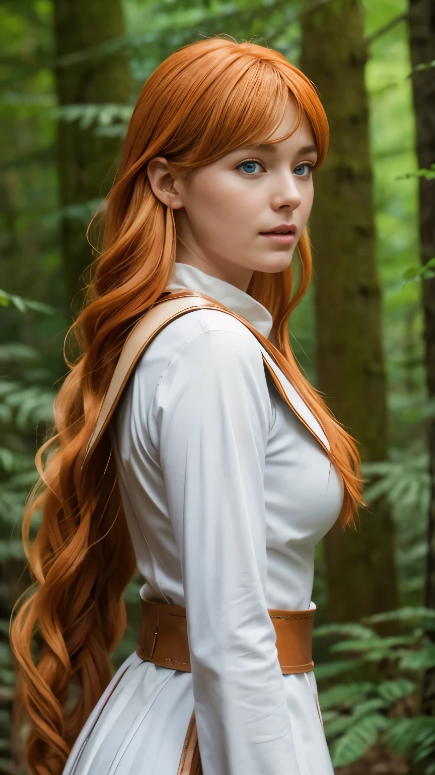 live-action, photo of, A hyper-realistic movie photograph inspired by the character Fern from 'Frieren: Beyond Journey's End', Flamme, A hyper-realistic movie photograph inspired by an anime character with vibrant orange hair. The character is shown in a side profile, with long, flowing hair that has gentle waves. Her bangs are swept to the side, partially covering the right side of her face. She has turquoise blue eyes and is wearing a white outfit. She has a gentle smile on her face. The background is in a peaceful foresty, giving the scene a serene and calm atmosphere, leather collar, Eyes are looking straight ahead,Roman Clothing