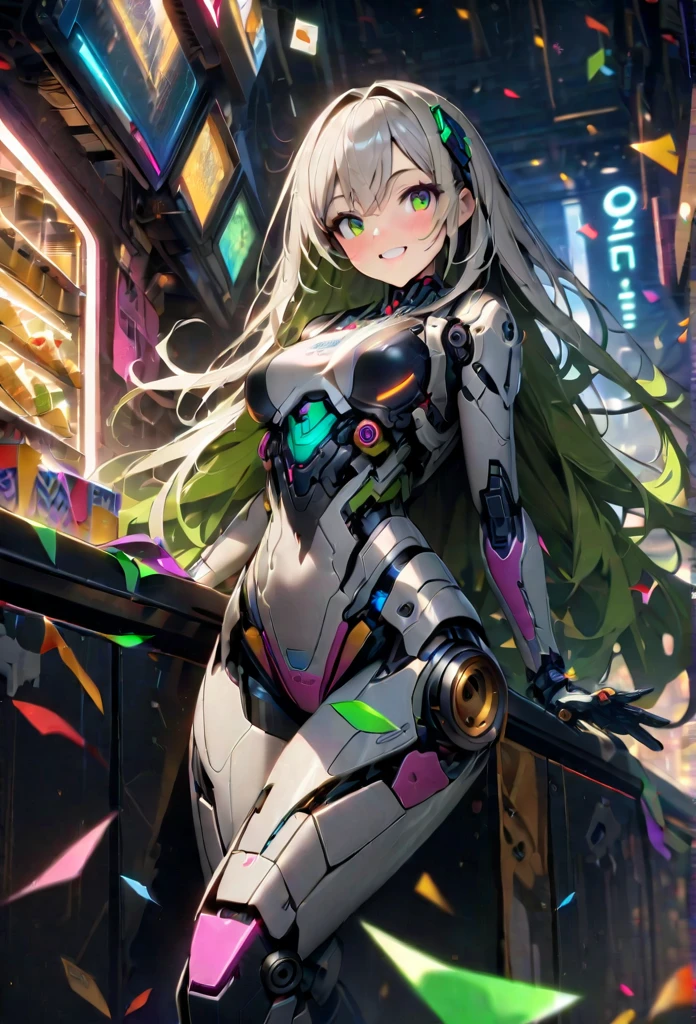 High quality, high definition images, full HD、
8k.1 girl( white long hair),ai cyborg girl 、black on white cyborg body) , many mechanisms are visible,Many green lights on the exterior
In a modern A bar with a cyber atmosphere(,with both hands I have crackers for the  
Crackers, )lots of colorful confetti,Smiling and looking at the camera,
