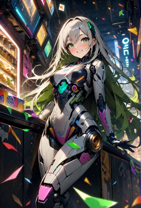 high quality, high definition images, full hd、
8k.1 girl( white long hair),ai cyborg girl 、black on white cyborg body) , many me...