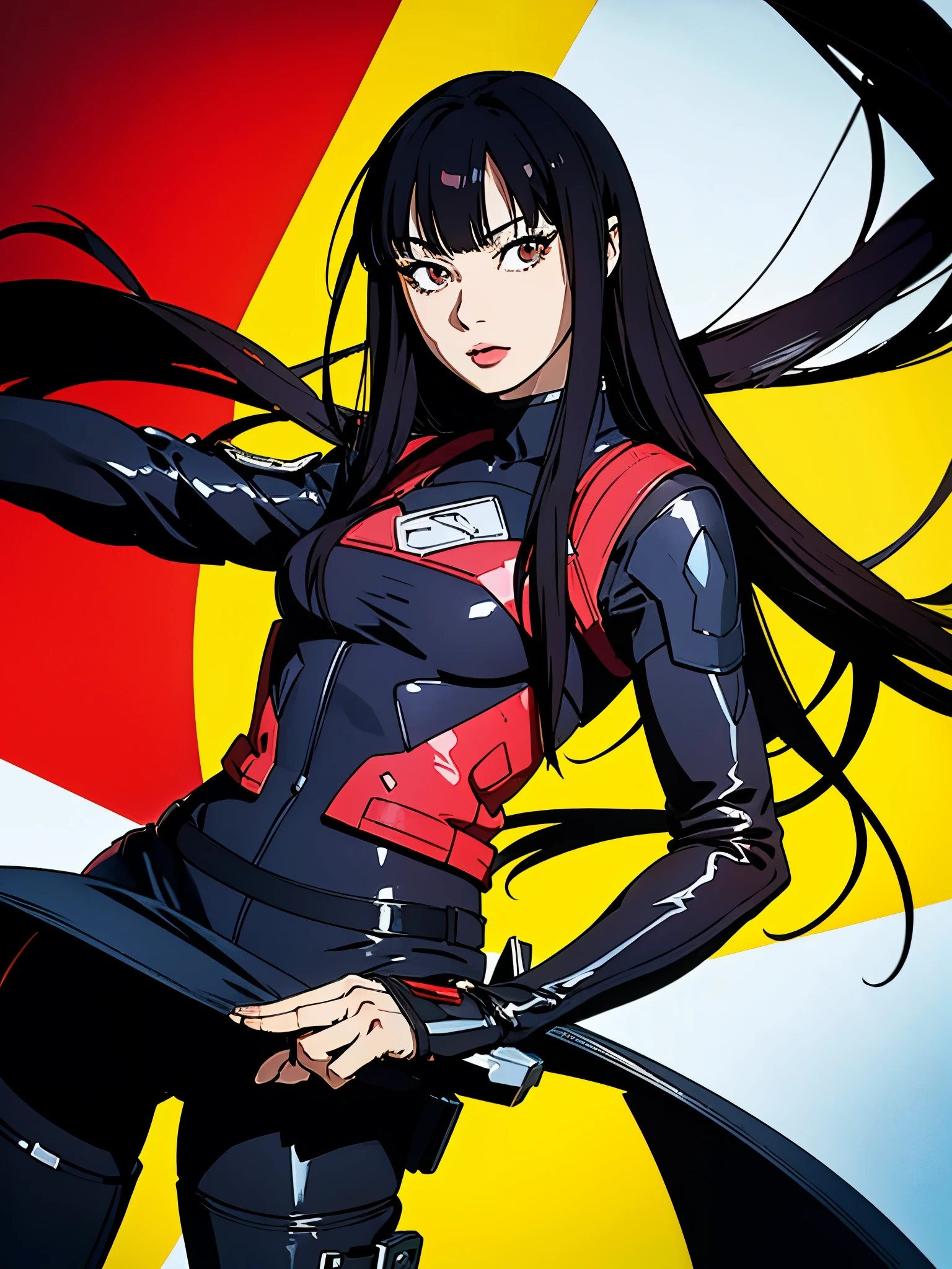 digital art drawing, illustration of (anime girl, long black hair with bangs, brown eyes, flat chest, confident look, black and red latex suit, tactical vest), anime drawing/art, bold linework, illustration, digital art, masterpiece, flat illustration, no shadows, 8k resolution, high detail, vector art, only anime, perfect eyes, perfect hands, perfect fingers, sharpness, high clarity, medium close up, high fidelity
