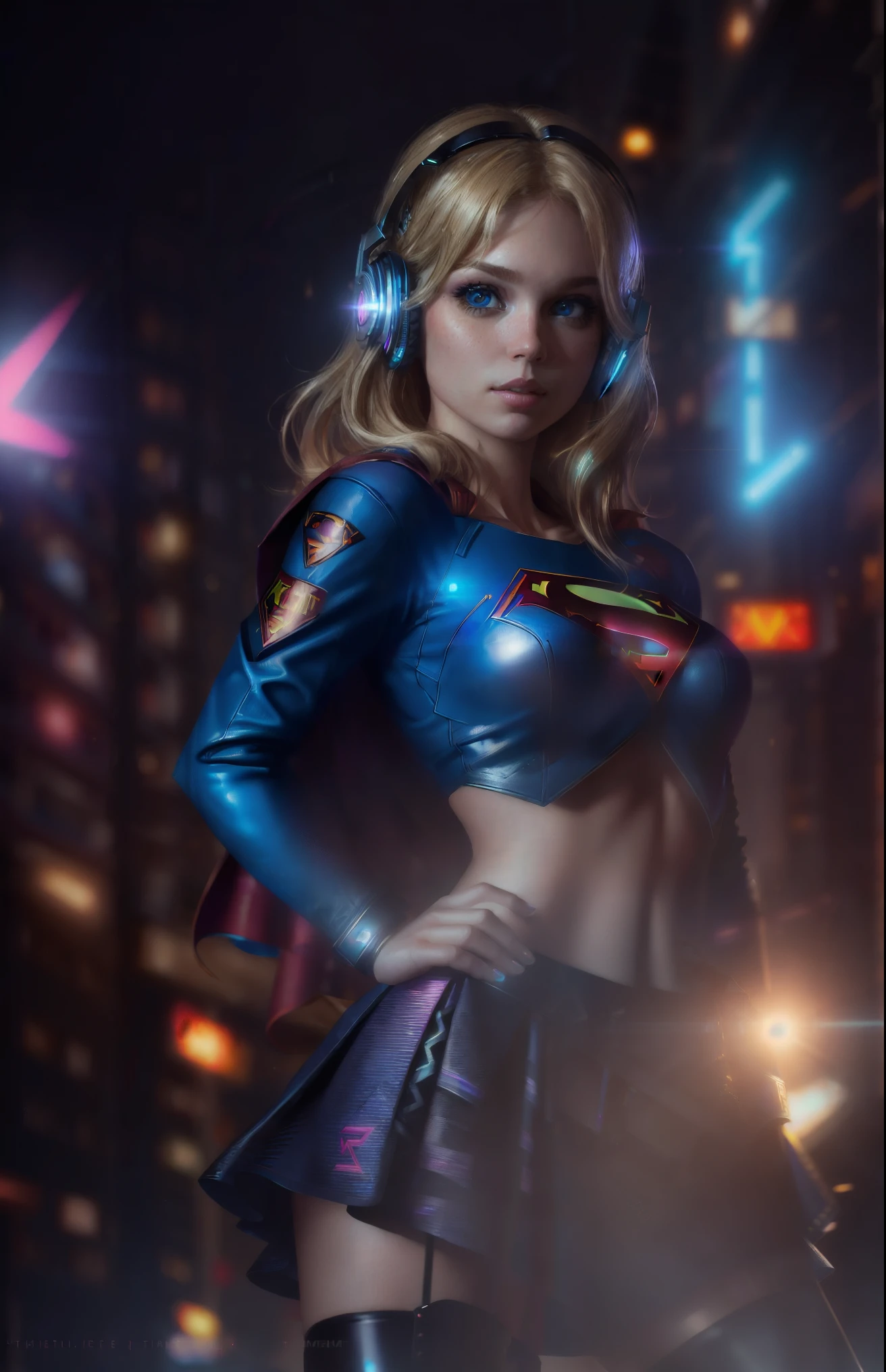 Best quality, realistic, blonde, award-winning Supergirl illustration, (complicated detail: 1.2), (fine detail), (complicated detail), (cinematic lights, best quality backlight), sharp lines, sharp focus, official art, unit 8k wallpaper, absurd, unbelievably absurd, huge file size, ultra- (in_main_street:1.21), (neon lamp), fantasy art, rtx,((triangle closeup photo by award-winning studio)),  1Supergirl, very pretty, (shut up), small breasts, ((Cyberpunk city Street, Battle Maiden)), perfect hands, beautiful detailed blue eyes, Perfect Face, (Cyberpunk blouse, leather jacket, Martin boots) ,,(headphones_around_hair),((pleated skirt) ), ((supermodel pose)),