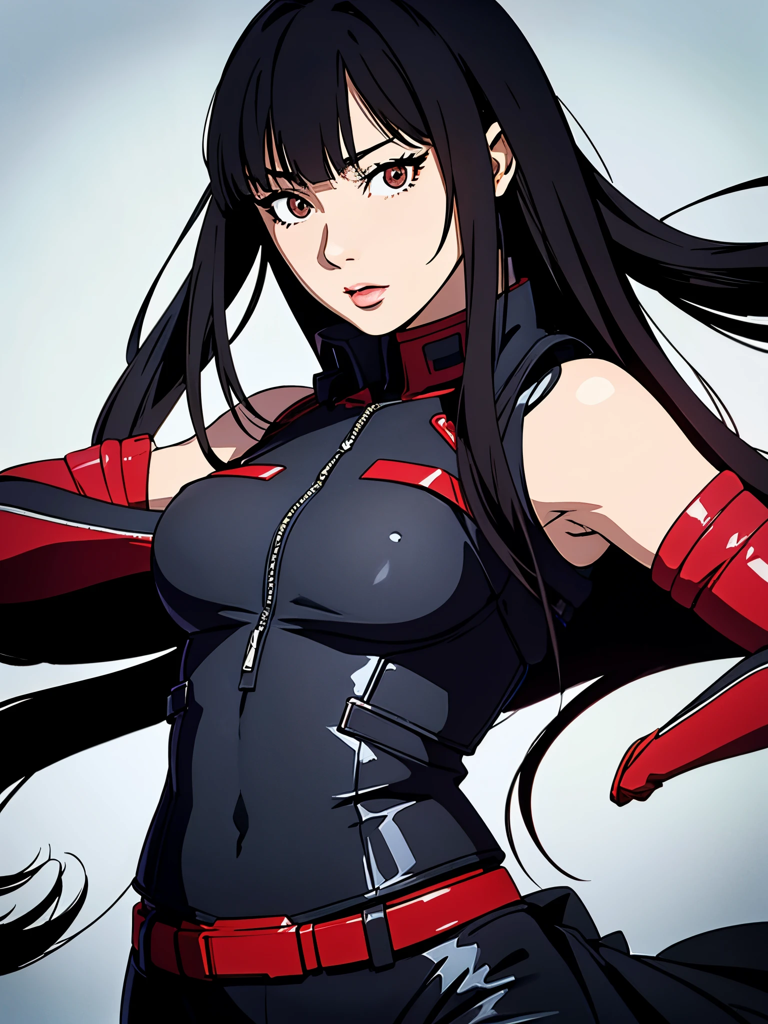 digital art drawing, illustration of (anime girl, long black hair with bangs, brown eyes, flat chest, confident look, black and red latex suit, tactical vest), anime drawing/art, bold linework, illustration, digital art, masterpiece, flat illustration, no shadows, 8k resolution, high detail, vector art, only anime, perfect eyes, perfect hands, perfect fingers, sharpness, high clarity, medium close up, high fidelity
