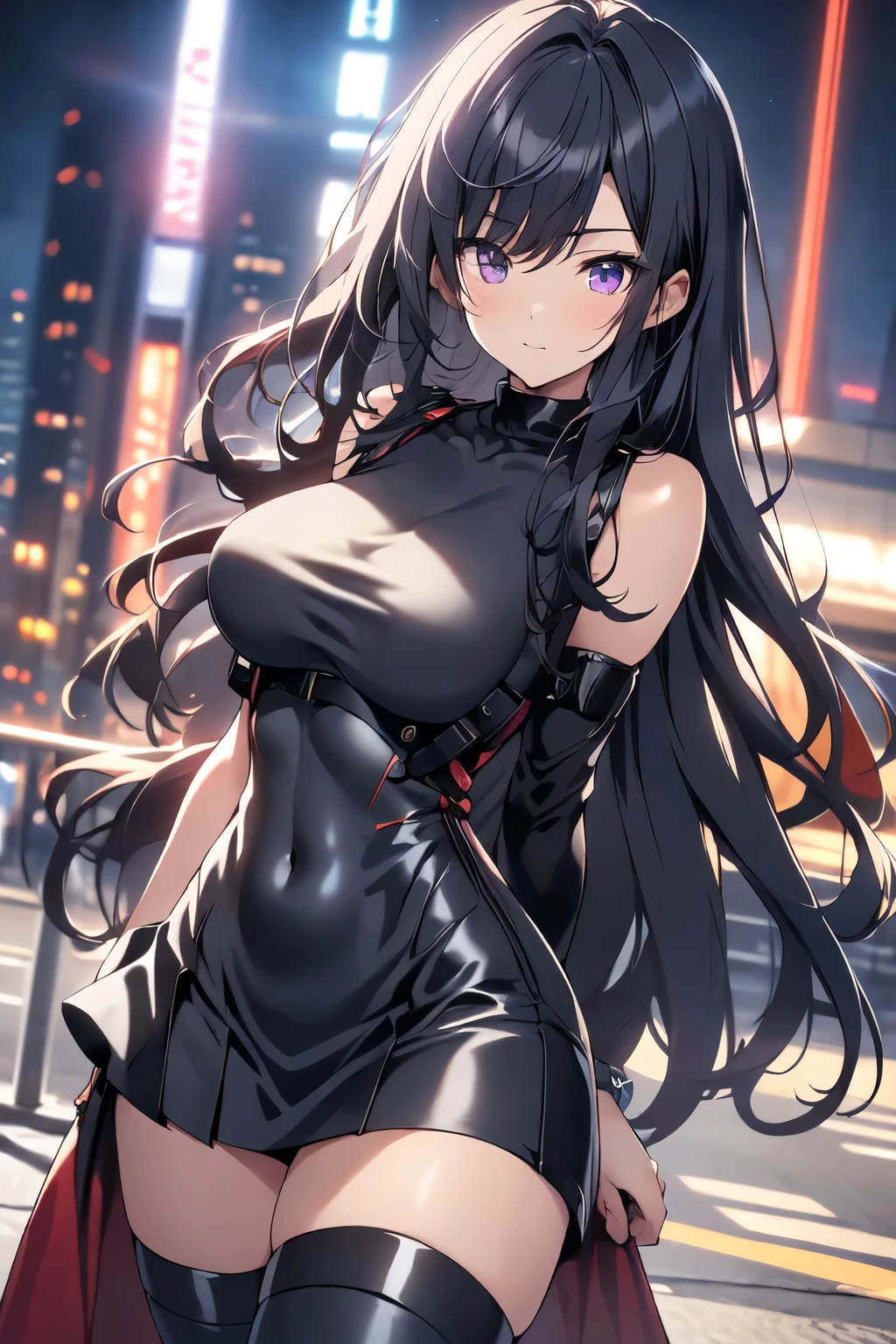 beautiful, Alone, 1 woman, Long hair, black hair, blue highlights at the ends of the hair, purple eyes, black leather bodysuit, pleassed skirt, red cloak, futuristic, cyberpunk, cinematic angle, Cinematic lighting, Work of art, best quality, nsfw, crotch rubbing