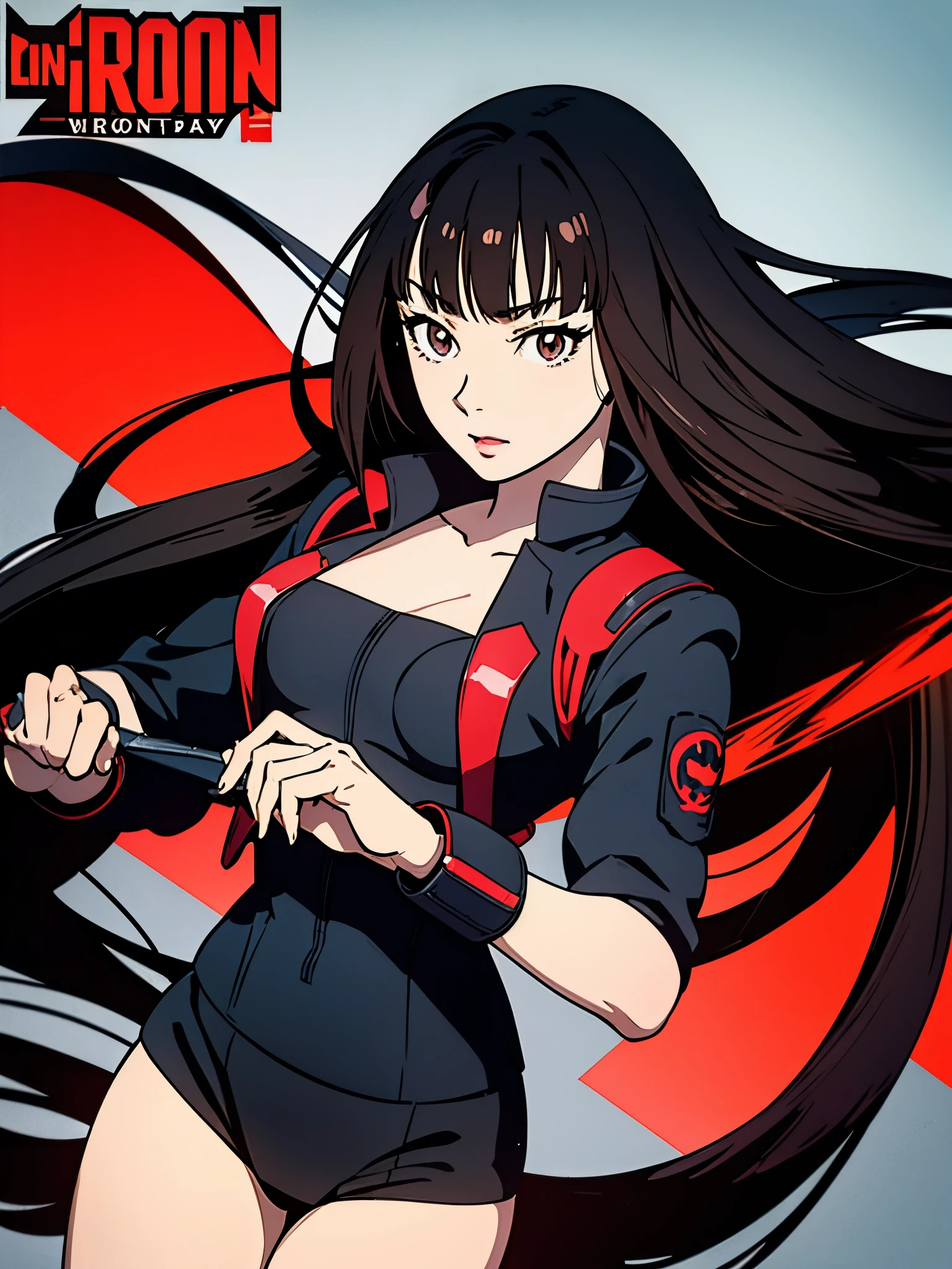 digital art drawing, illustration of (anime girl, long black hair with bangs, brown eyes, flat chest, confident look, black and red latex suit, tactical vest), anime drawing/art, bold linework, illustration, digital art, masterpiece, flat illustration, no shadows, 8k resolution, high detail, vector art, only anime, perfect eyes, perfect hands, perfect fingers, sharpness, high clarity, medium close up, high fidelity
