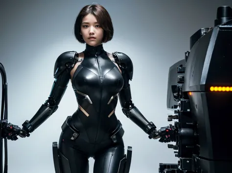 Robot warrior female mechanic, streamlined posture, All black, Emphasizing her mechanical components and combat readiness, She&#...