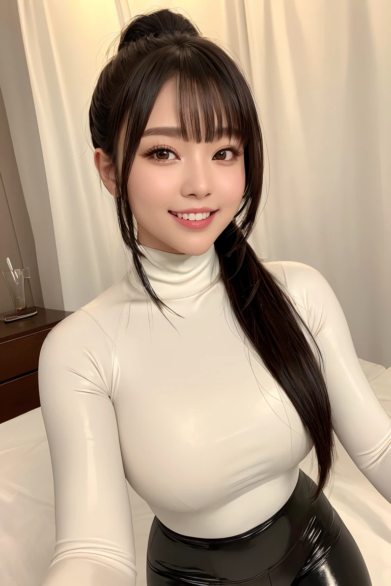 (A voluptuous, curvy woman!):1.4. Hana haruna. body measurement of 120-80-100! beautiful round face, long hair, ponytail haircut. Her wide heart-shaped lips curl up, light smile, showing teeth. Beautiful seductive eyes, wink. (latex yellow turtleneck long sleeve slim top:1.1), (latex black leggins:1.2) and long white latex gloves. She is inside a cozy latex tent, Private atmosphere. Photorealistic, Masterpiece, soft light, 8k. Taniaayusiregar.