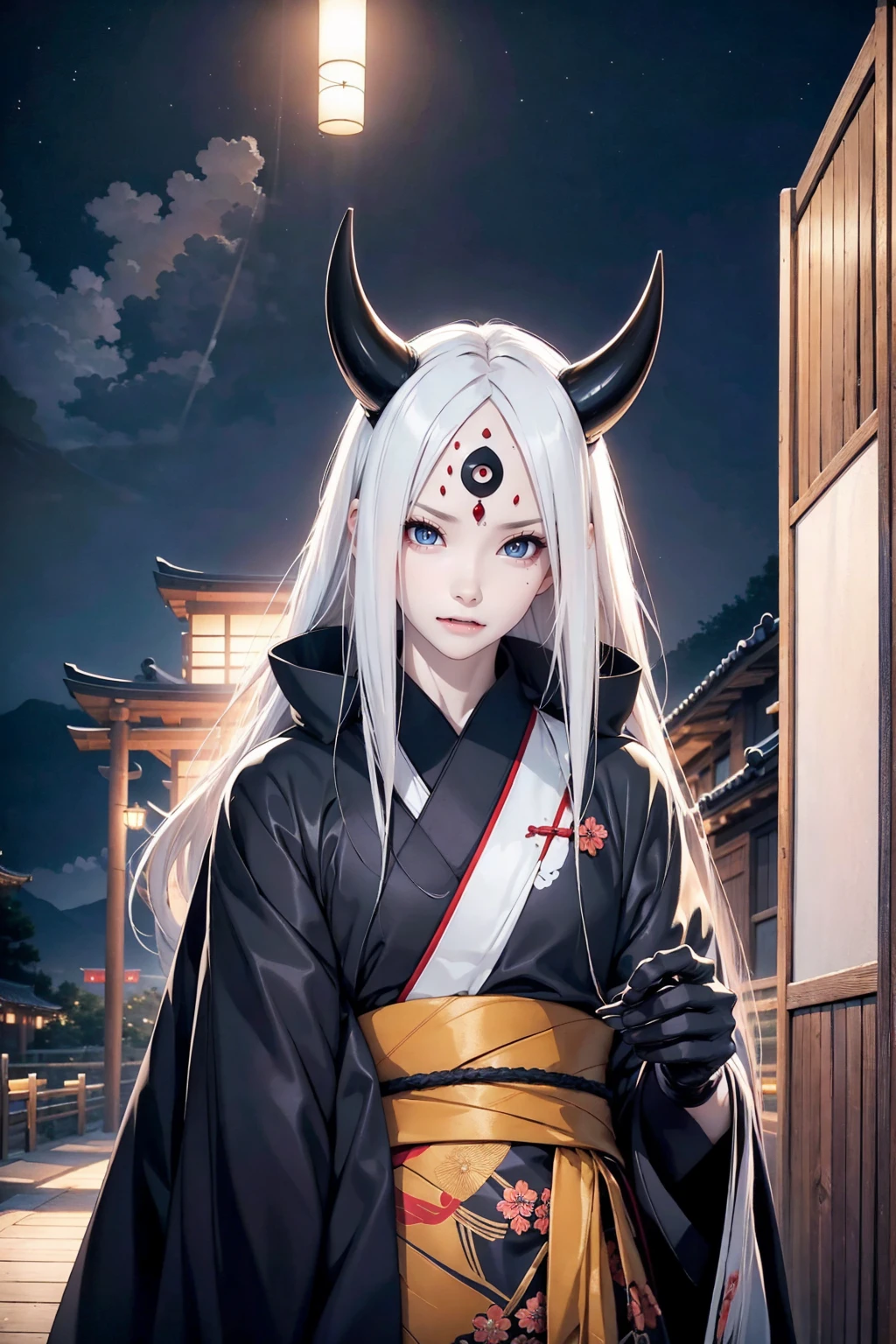 1 man, 40 years, solo, black kimono, night sky, japanese temple, wallpaper, perfect anatomy, perfect hands, masterpiece, looking at viewer, spiked hair, otsutsuki momoshiki, long white hair, hair over one eye, black gloves, third eye, pale skin, horns, forehead mark