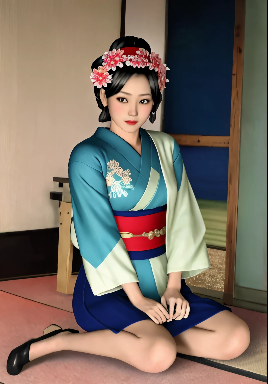 Arabian woman in kimono sitting on the floor holding a folding fan, Geisha in the 1920s, Japanese women, Japanese skilled geisha, by Tosa Mitsunobu, Traditional Japanese, Japanese Geisha, Traditional geisha costume, late meiji period, by Sawa Sekkyō, Vintage color photography