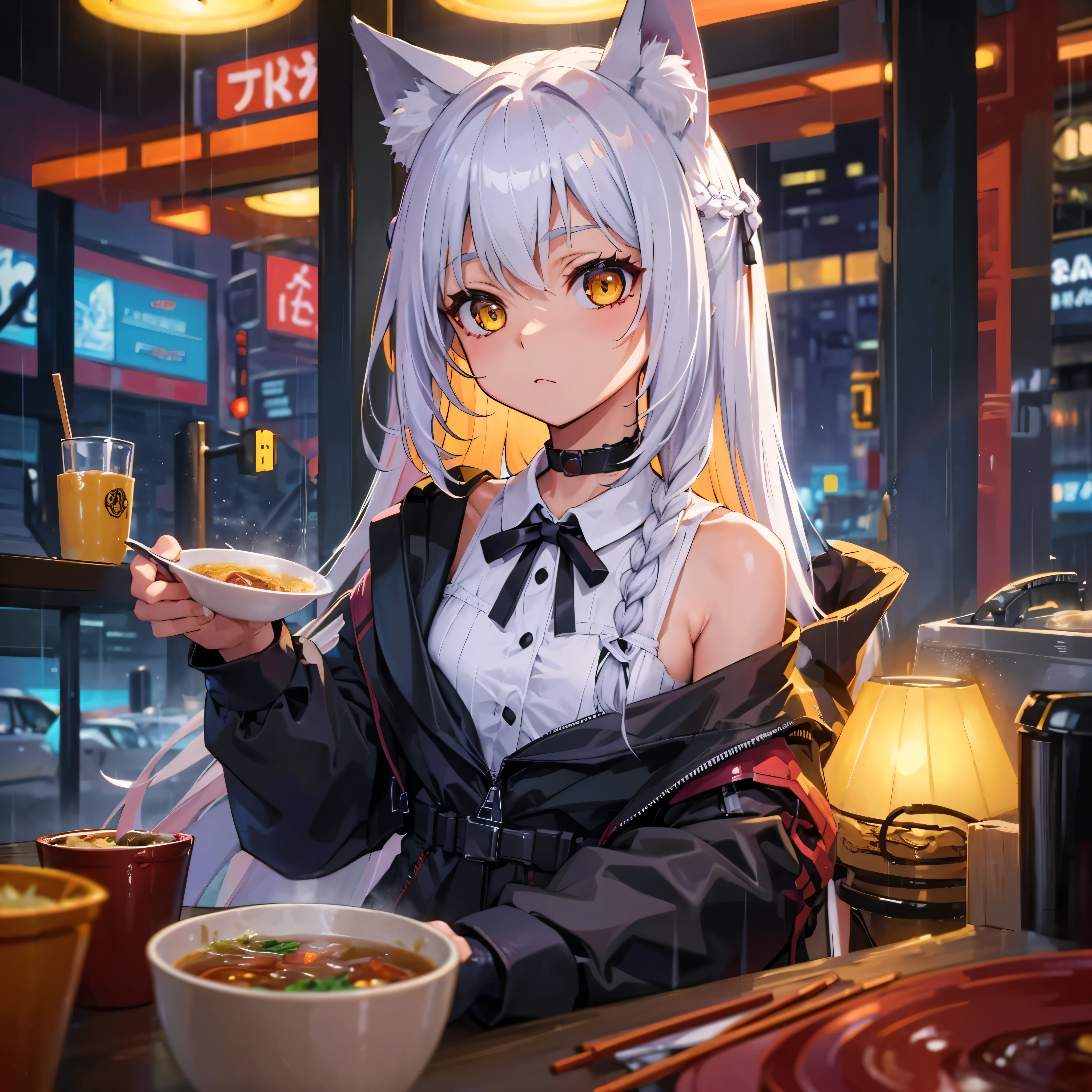 masterpiece, highest quality, Perfect Face, Highest Resolution, Highest quality,Detailed depiction of the eyes, foxy, 1 girl, young, slender body, small breasts, White Hair, Long Hair,one side braid grated, Big cat eyes, Yellow Eyes, cyber punk, Perfect Anatomy, Correct hand shape, mechanical ear, Black ribbon choker,Future City, eat noodles, stall, chopsticks, night, rain