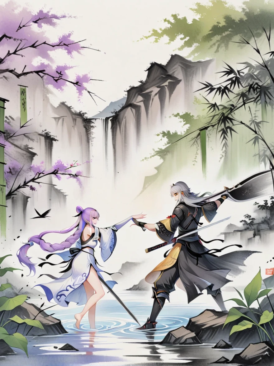 (1yj1)，Ink Painting，1girl，1boy，(Swords intersect)，Face-to-face combat，Purple Hair，Purple Eyes，Long hair，Gray hair，Ponytail， A couple on the water，Wearing exquisite Chinese Tang Dynasty Mingguang armor，Behind is a bamboo forest，sword，landscape，Ultra HD resolution，Freehand style，majestic，Natural light，Cavaliers Focus, (The work should transition from the black and white pencil drawing style on the left half to the bright colors on the right half, ensuring that the two halves blend seamlessly without any dividing lines. Shown with detailed black and white pencil strokes on the left and filled color on the right, creating a harmonious blend throughout the image)