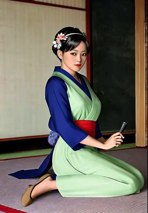 arabian woman in kimono sitting on the floor holding a folding fan, geisha in the 1920s, japanese women, japanese skilled geisha...