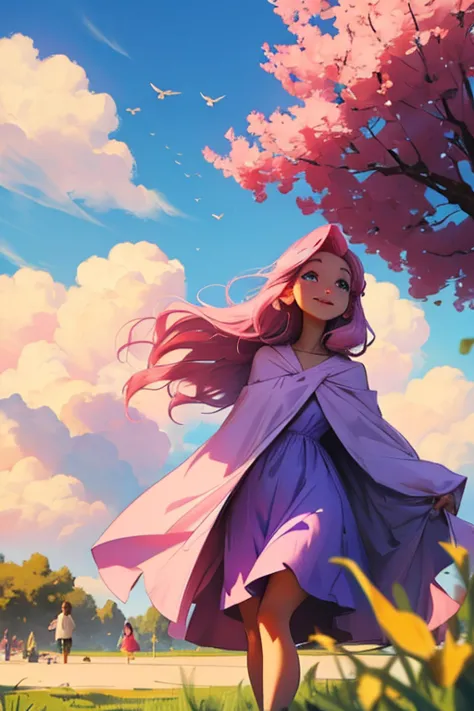 a pink haired woman with violet eyes with an hourglass figure in a summer dress is watching the clouds on a blanket with a smile...