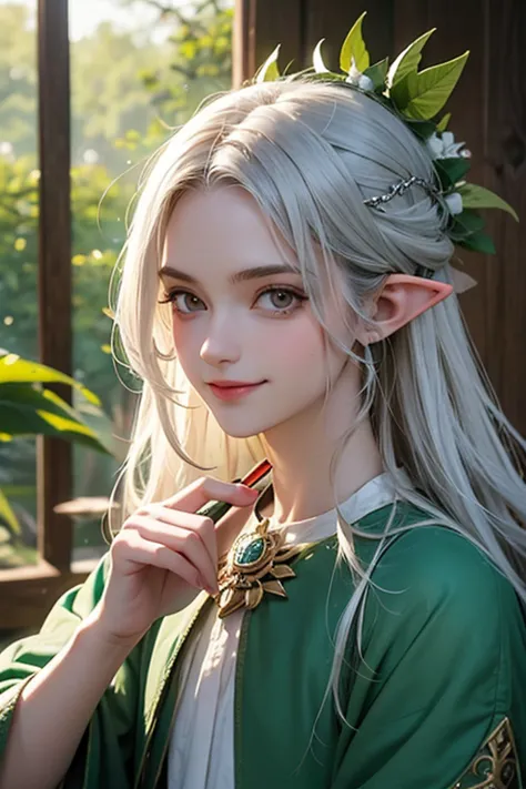 um close de uma pessoa com uma espada em uma floresta, de um elfo do anel Elden, elven character with smile, a portrait of um el...