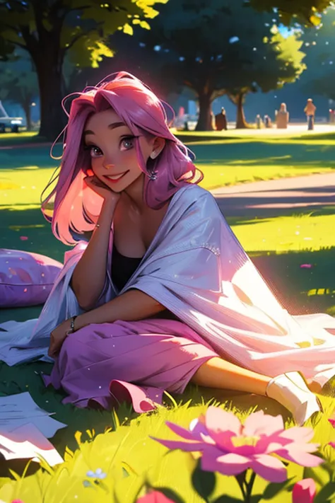 a pink haired woman with violet eyes with an hourglass figure in a summer dress is laying on a blanket in the park with a big sm...