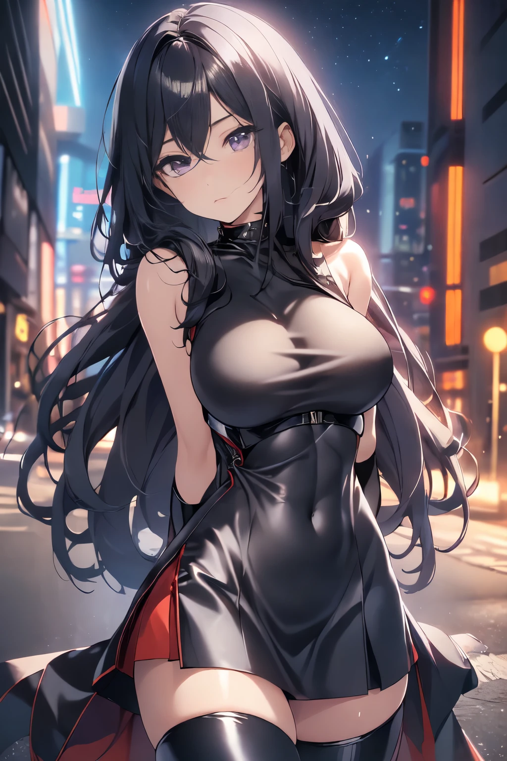 beautiful, Alone, 1 woman, Long hair, black hair, blue highlights at the ends of the hair, purple eyes, black leather bodysuit, pleassed skirt, red cloak, futuristic, cyberpunk, cinematic angle, Cinematic lighting, Work of art, best quality, nsfw, crotch rubbing