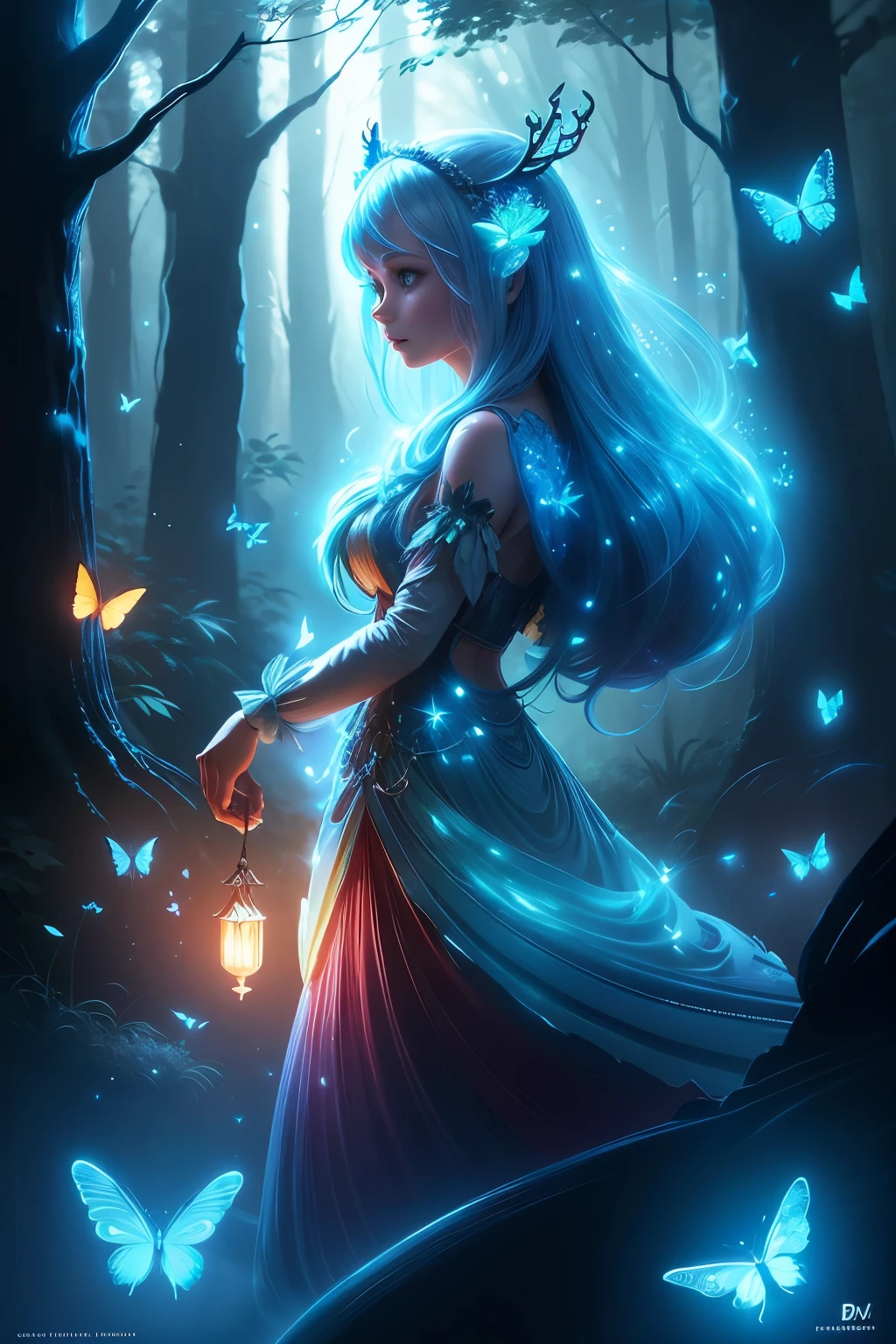 biomimetic beautiful fairy woman, bioluminescent, illuminating a dimly lit forest trail, butterflies, bubbles, stars, fireflies, birds, squirrels, deer, 8k resolution, art style