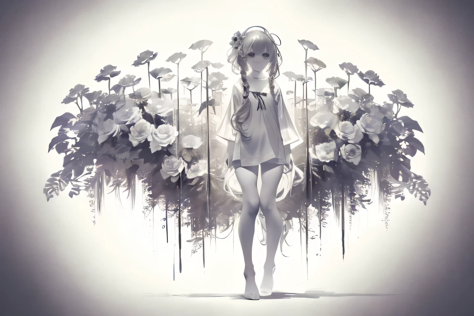 solo,1female\(chibi,cute,kawaii,age of 10,hair color white,braid hair,messy hair,eye color gray,big eyes,white skin,(monochrome:1.2),droop,(full body:1.8),sitting\),background\((many beautiful flowers and petal:1.4),messy tiny room\),double exposure, BREAK ,
quality\(8k,wallpaper of extremely detailed CG unit, ​masterpiece,high resolution,top-quality,top-quality real texture skin,hyper realisitic,increase the resolution,RAW photos,best qualtiy,highly detailed,the wallpaper\),,high contrast,(grayscale:1.4),monochrome