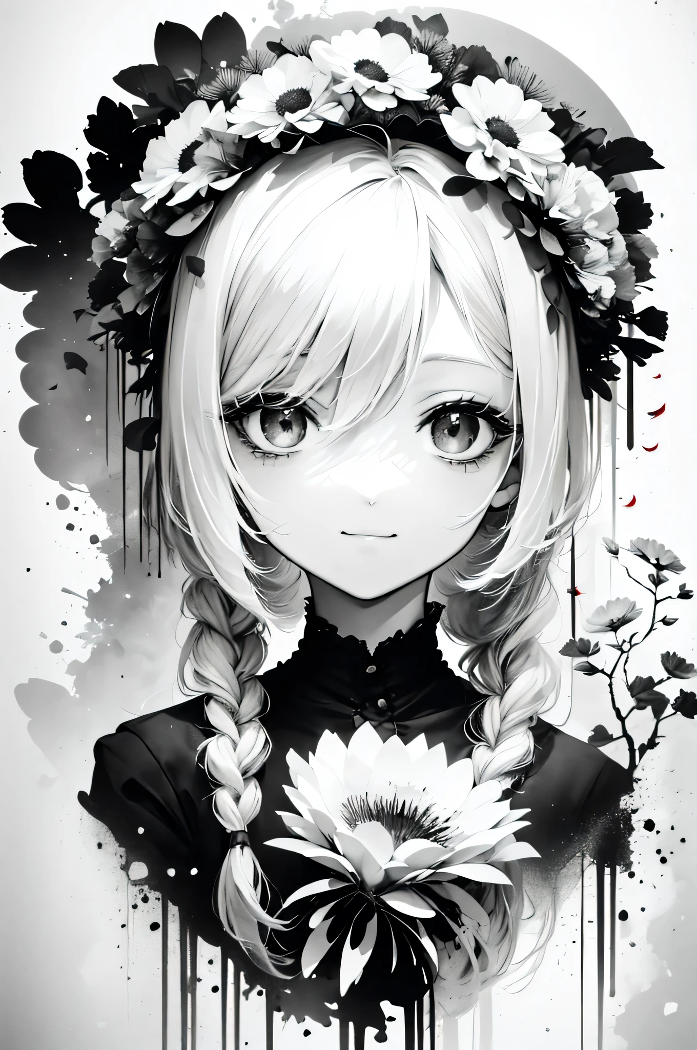 solo,1female\(chibi,cute,kawaii,age of 18,hair color white,braid hair,messy hair,eye color gray,big eyes,white skin,(monochrome:1.2),narrow eyes,smiling vely kindly at viewer,portrait\),background\((many beautiful flowers and petal:1.4)\),double exposure, BREAK ,quality\(8k,wallpaper of extremely detailed CG unit, ​masterpiece,high resolution,top-quality,top-quality real texture skin,hyper realisitic,increase the resolution,RAW photos,best qualtiy,highly detailed,the wallpaper\),(high contrast:1.4),(grayscale:1.6),monochrome