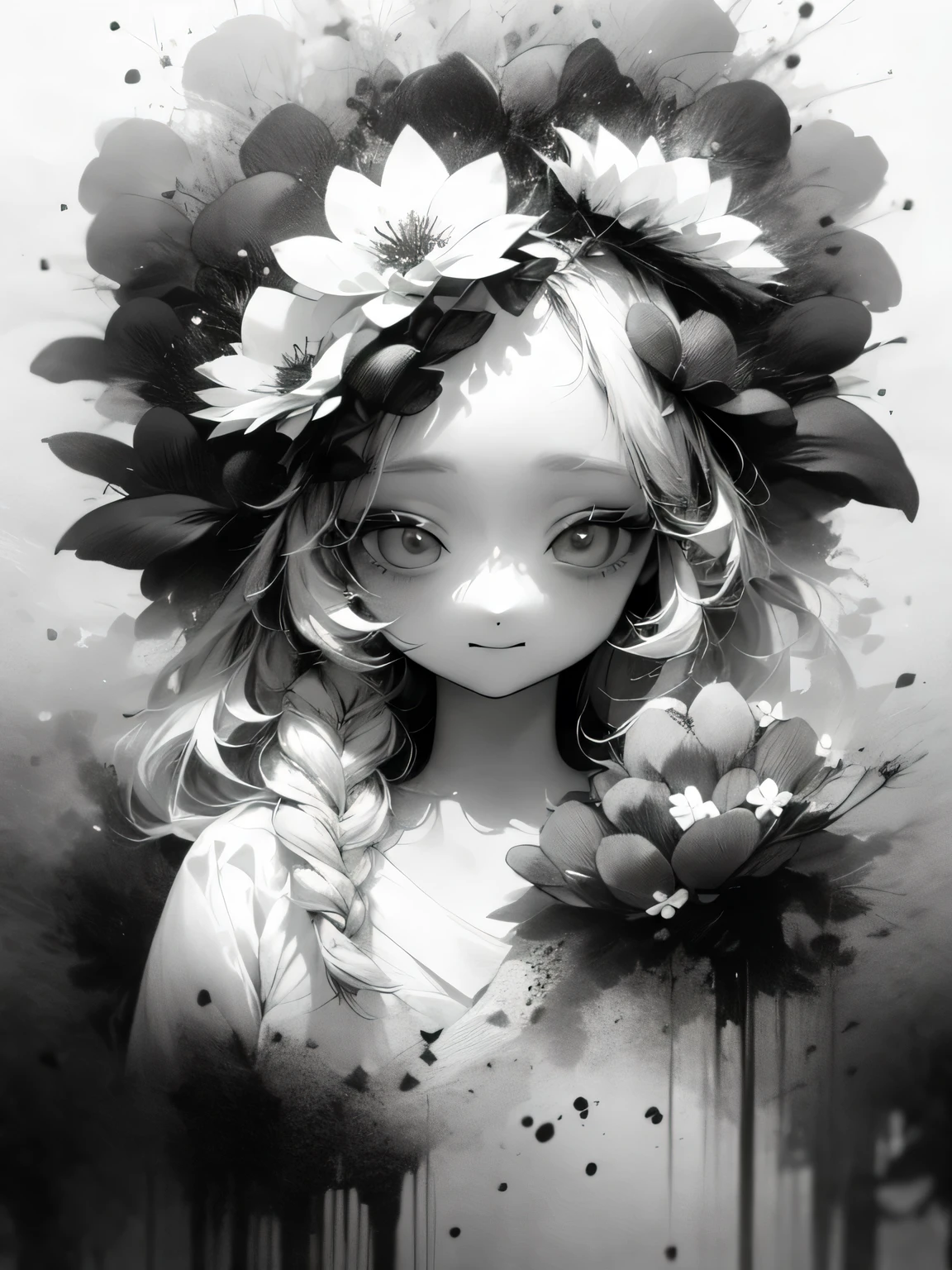 solo,1female\(chibi,cute,kawaii,age of 18,hair color white,braid hair,messy hair,eye color gray,big eyes,white skin,(monochrome:1.2),narrow eyes,smiling vely kindly at viewer,portrait\),background\((many beautiful flowers and petal:1.4)\),double exposure, BREAK ,quality\(8k,wallpaper of extremely detailed CG unit, ​masterpiece,high resolution,top-quality,top-quality real texture skin,hyper realisitic,increase the resolution,RAW photos,best qualtiy,highly detailed,the wallpaper\),(high contrast:1.4),(grayscale:1.6),monochrome