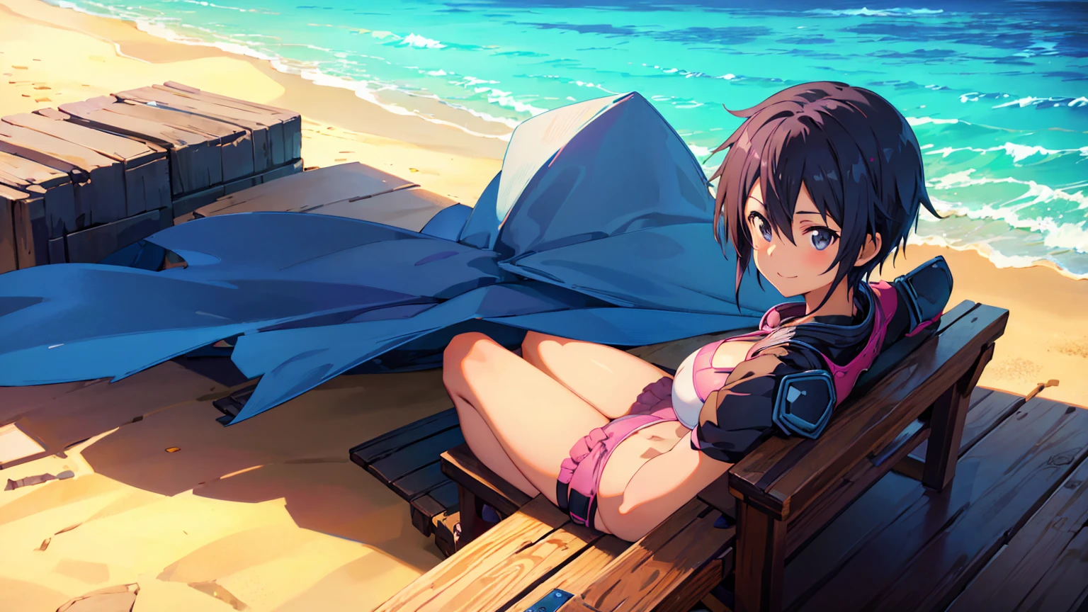 Kirito, Blushing smiling man in bikini sitting on the beach alone, big breasts breast enlargement breasts pumped up looking at camera full-body shot illustration, ultra-detailed, HDR, vibrant colors, soft lighting high quality and super detailed