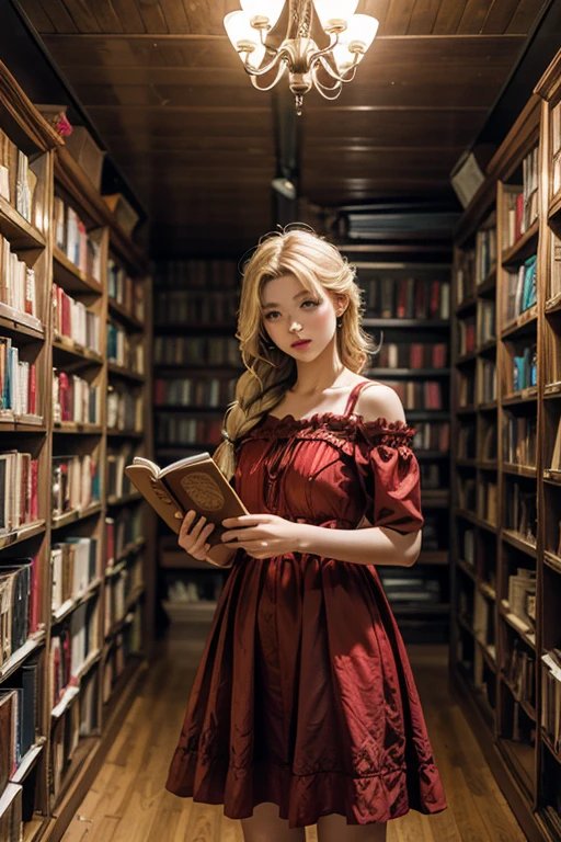 masterpiece, highest quality, High resolution, 12-year-old girl、blue eyes、
blonde,  Braiding、Long Hair、Red dress、Classical Western Architecture、Bookshelf、Standing with a book