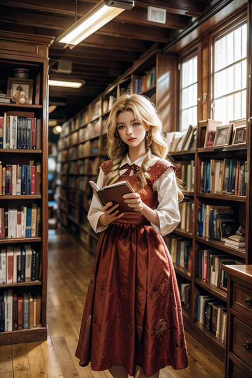 masterpiece, highest quality, High resolution, 、blue eyes、
blonde,  Braiding、Long Hair、Red dress、Classical Western Architecture、Bookshelf、Standing with a book