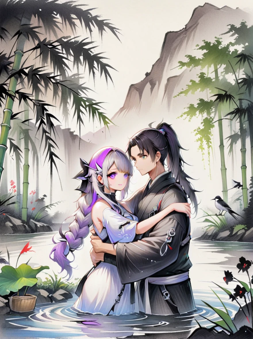 (1yj1)，Ink Painting，Close shot, 1gir, 1boy, Embrace，Eyes look at you，Purple Hair，Purple Eyes，Long hair，Gray hair，Ponytail，(A couple on the water)，Behind is a bamboo forest，landscape，Ultra HD，Freehand style，majestic，Natural light, (Couples focus), (portrait:1.5), (The work should transition from the black and white pencil drawing style on the left half to the bright colors on the right half, ensuring that the two halves blend seamlessly without any dividing lines. Shown with detailed black and white pencil strokes on the left and filled color on the right, creating a harmonious blend throughout the image)