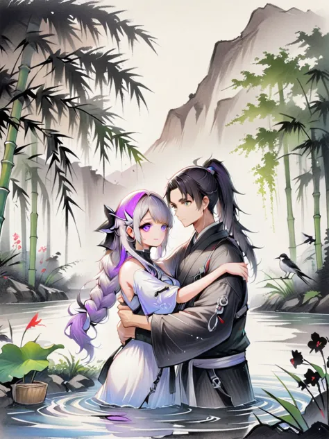 (1yj1)，ink painting，close shot, 1gir, 1boy, embrace，eyes look at you，purple hair，purple eyes，long hair，gray hair，ponytail，(a cou...