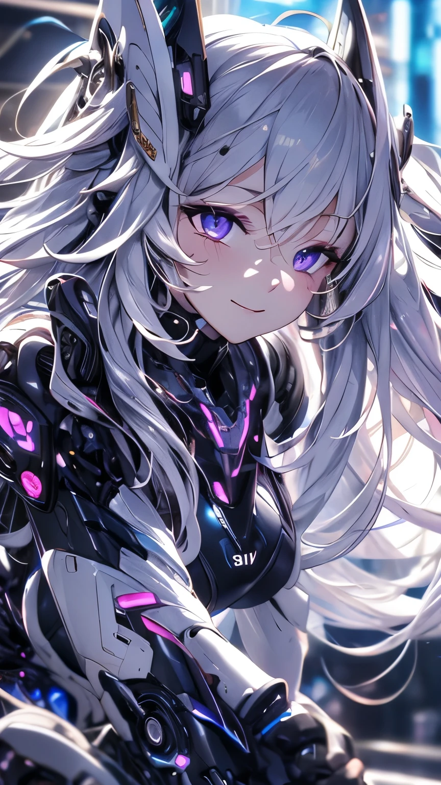 silver hair, hair between eyes, sidelocks, facepaint, hairpods, purple eyes, nervous smile, cinematic lighting, UHD, (super detail), high quality, best quality, high detailed hands and fingers, ((masterpiece)), Cyberpunk, cyberspace, countless colorful rays, female android, mechanical body, ((Full body portrait)), (get down on one knee), bending down, Hair ornament imitating butterfly wings