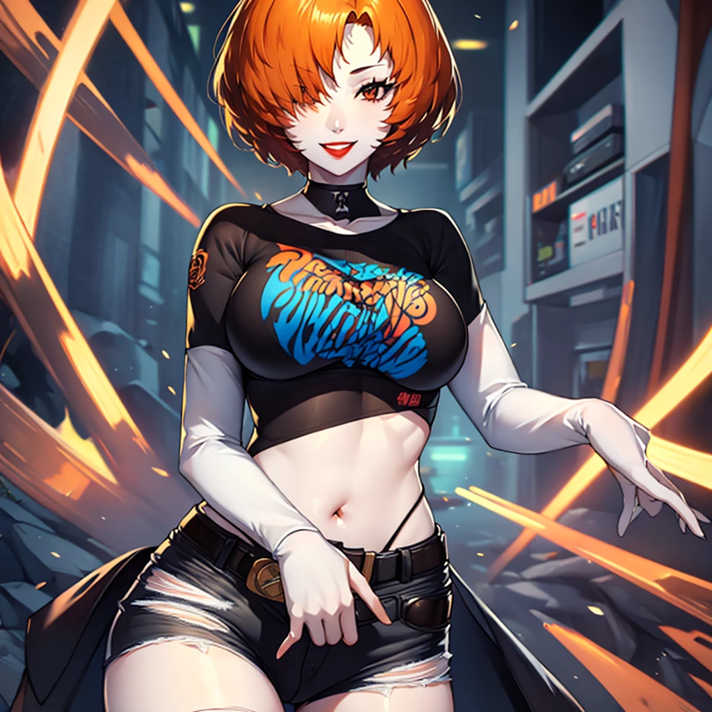 Kronya, pale skin, hair over one eye, orange hair, 1girl, solo, standing, black t-shirt, white shirt, blue jeans, belt, lipstick, large breasts, layered sleeves, smile