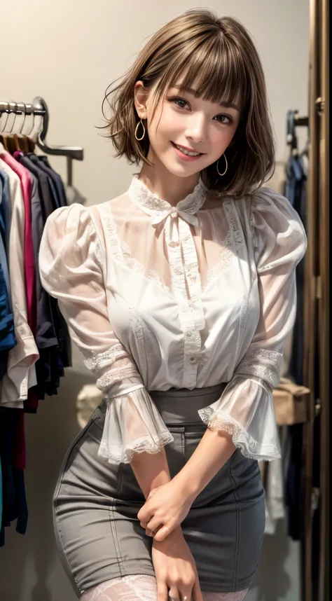 ((((Very short))))、Earrings、Collared shirt、((((Blunt bangs)))) ((Short bangs))、Shorn bangs、(((Inside a stylish secondhand clothi...