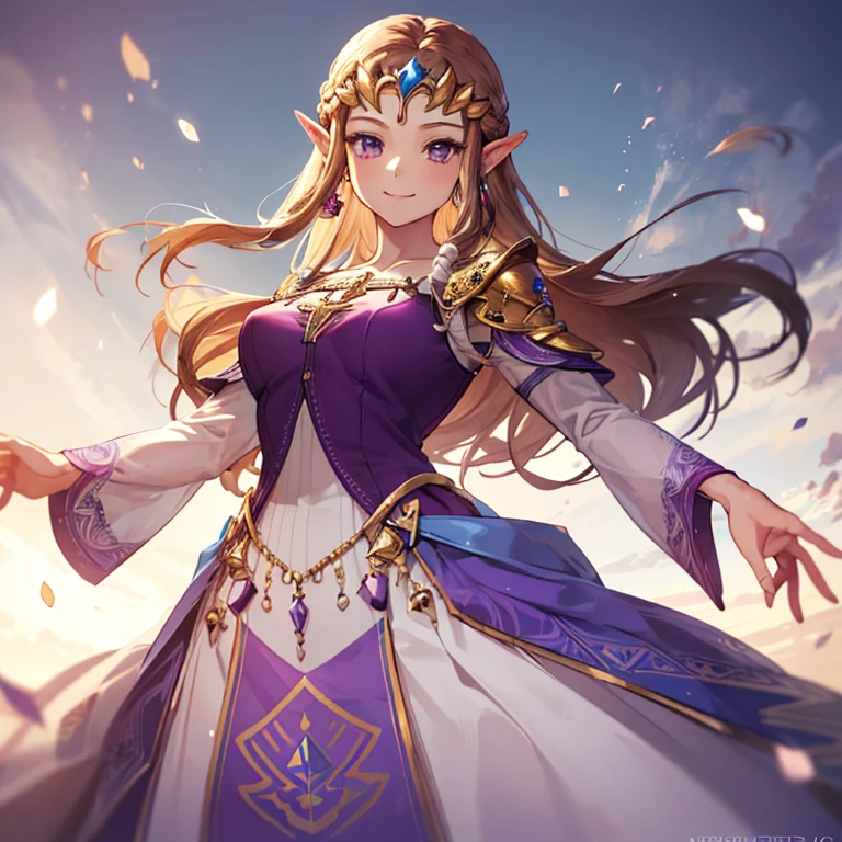 ((Smiling Kindly)),smile, on face,Princess Zelda, ((highest quality)), (Very detailed), ,(((Purple Dress))),beauty,Beautiful golden hair,Half Up,princess zelda, twpr,
nintendo, the legend of zelda