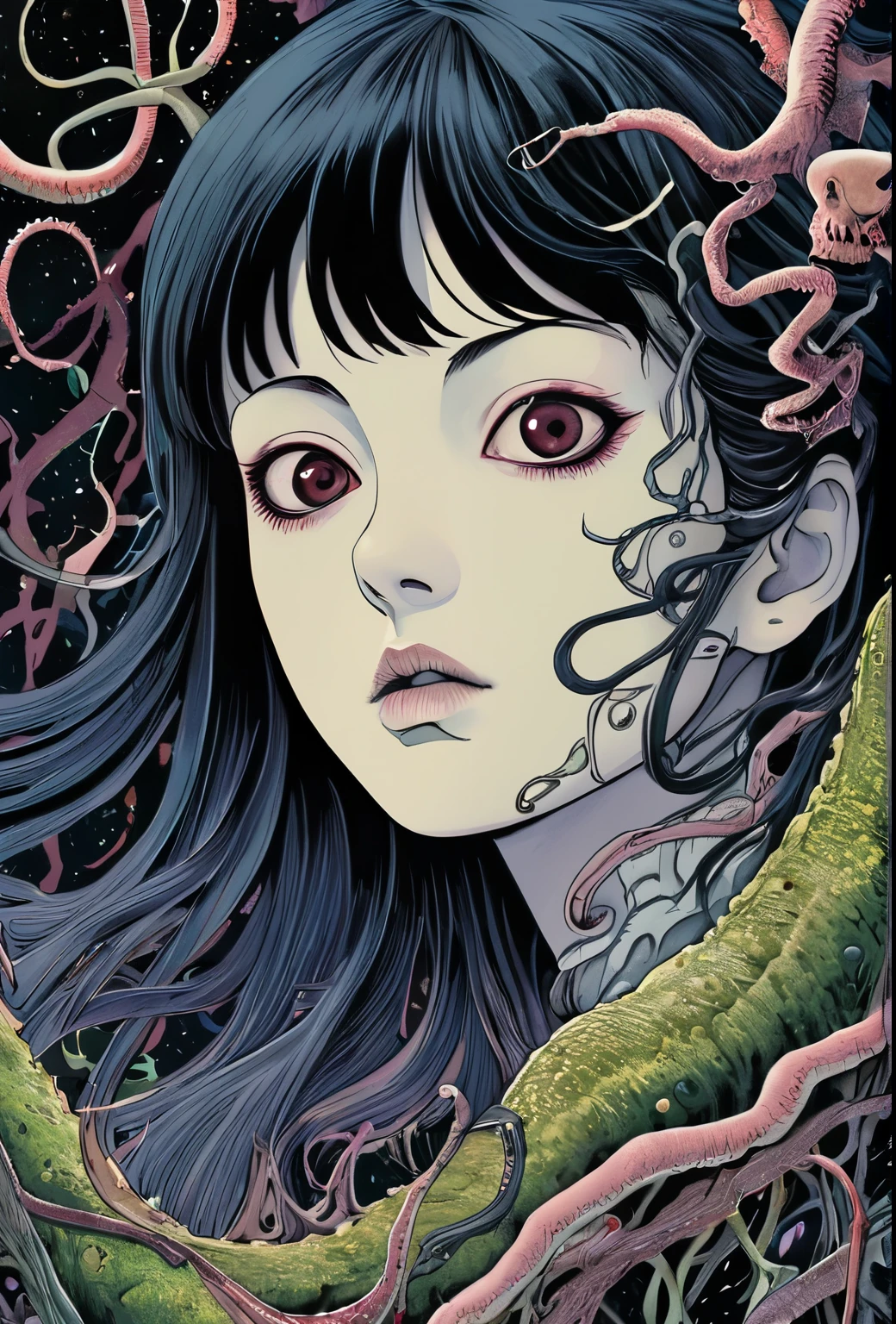 horror-themed lovecraftian horror Junji Ito, Raw digital photo, Film Washi, "The Frost of (80s style:0.65) (hand drawn, anime:1.2) (girl:0.8) , analogue vhs distortion, intricately detailed linework, vibrant colors", Hisui Sugiura, Intricate and vivid depiction of Junji Ito's work in film form. The artist's signature style is evident throughout, from the detailed linework and vibrant colors to the subtle analogue VHS distortion. The image captures a girl in her natural habitat, surrounded by intricate details that bring the scene to life. The overall effect is a stunning representation of Ito's unique vision. Hisui Sugiura Assistant has done an excellent job in capturing the essence of this iconic artist's work. The image is a true masterpiece.  . eldritch, cosmic horror, unknown, mysterious, surreal, highly detailed . eerie, unsettling, dark, spooky, suspenseful, grim, highly detailed