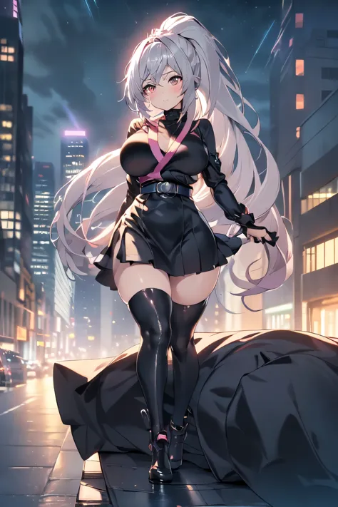 anime, (artwork, best quality, ultra-detailed, high contrast), 1 woman brasilian (Alone, full body, plus size body, standing on the edge of the skyscraper, silver hair, LONG In a ponytail, red eyes, perfect eyes ruby sparkles, (simple black long kimono, bl...