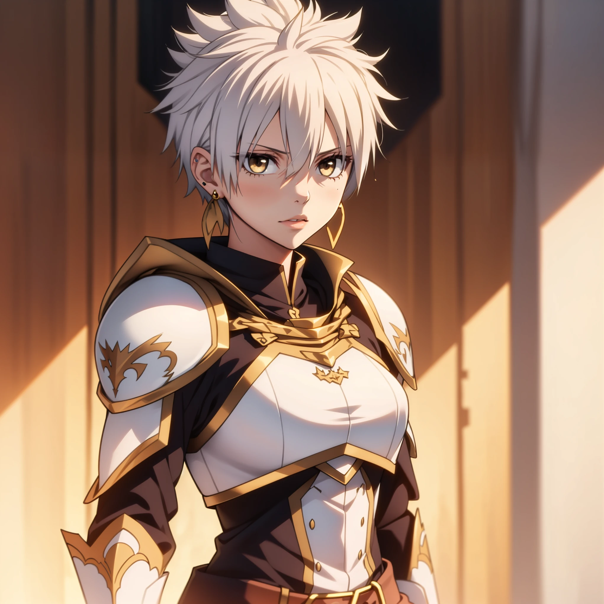 white girl, white skin, (((white hair)), brown eyes, female focus, earring, wearing white armor with gold accents