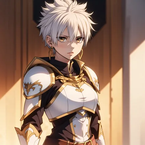 white girl, white skin, (((white hair)), brown eyes, female focus, earring, wearing white armor with gold accents