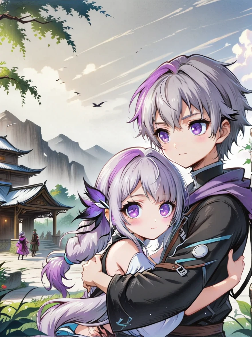 1yj1)，Close shot, 1gir, 1boy, Embrace，Eyes look at you，Purple Hair，Purple Eyes，Long hair，Gray hair，Ponytail，(1 couple)，Anime character with purple cloak，流行的Different world动漫，Official Anime Artwork，Official Fan Art，Official Art，Fantasy style anime，Shadow Poetry Style，detailed key anime art，Fantasy Anime Series，Different world，Headquarters Artwork，8K，future，hero，Doujin Art Artstation