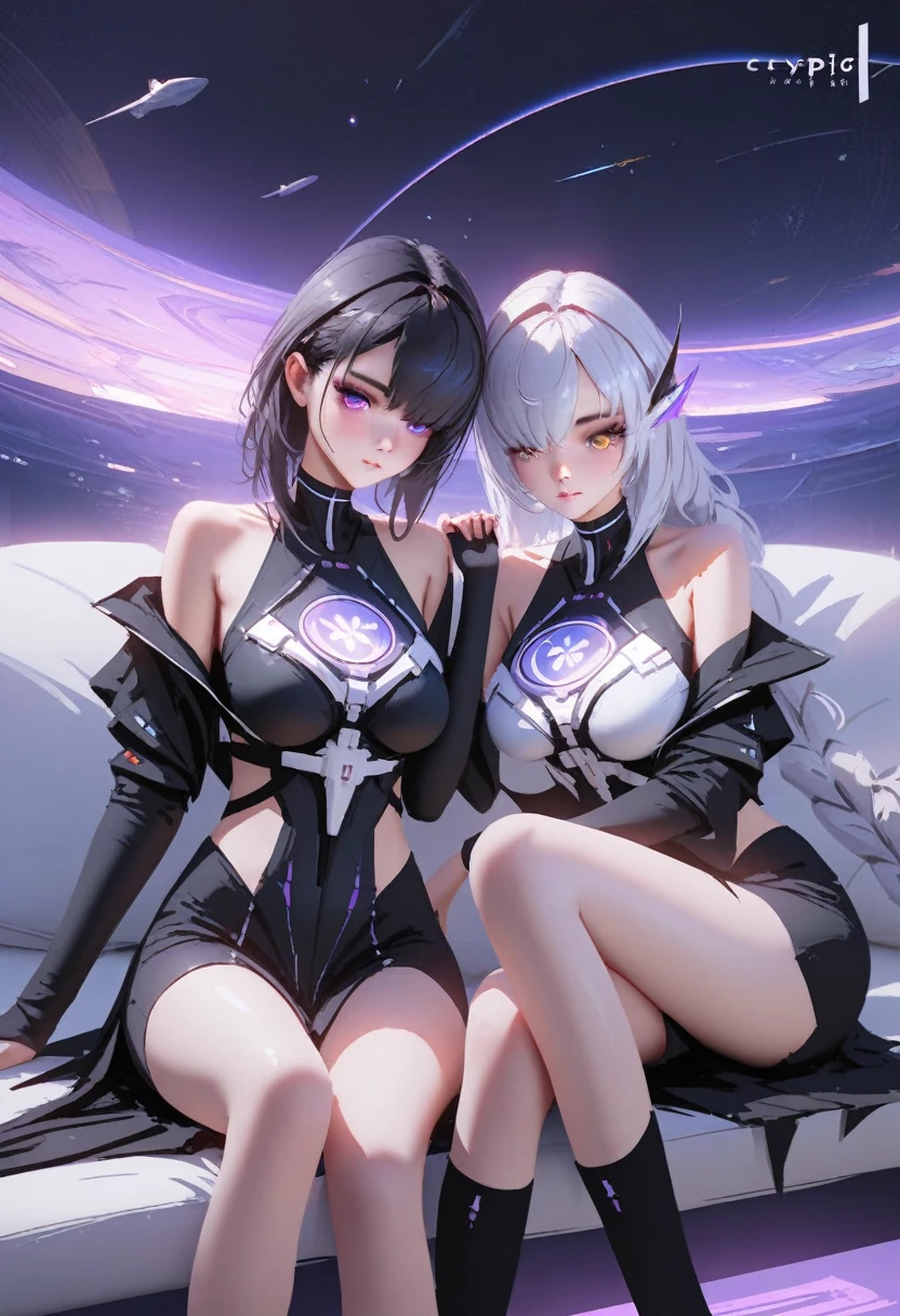 2girls,  (cryptic_g, purple eyes long hair, braided hair, silver hair), (kirara, catgirl, black hair, short hair, hair over one eyes, golden eyes, glasses), sitting on sofa, happy vibes, enjoying night, dark room, sci-fi, space ship, masterpiece, best quality, amazing quality, very aesthetic, absurdres, intricate details, (by wlop:0.3), by rella