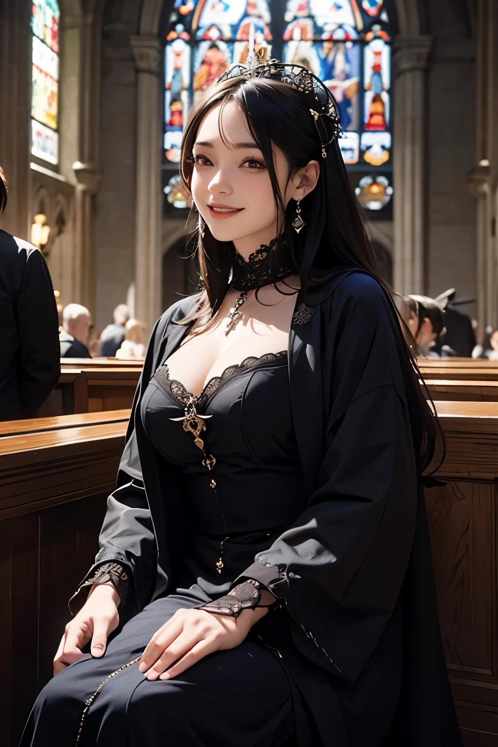 an old woman with the bearing of a madame in a velvet dress laughing wickedly with black eyes and lights and shadows in all art with a background of a 고딕 interior church, 고딕