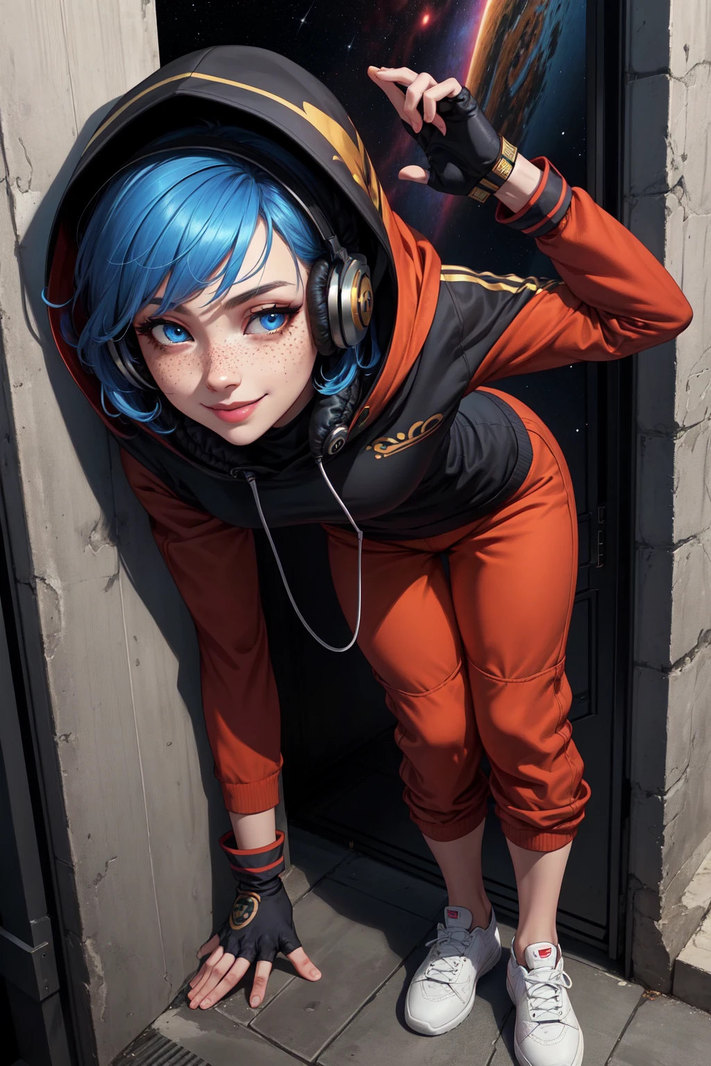 Ava, short blue hair, blue eyes,freckles , standing, leaning on wall, full body, relaxing, smile,  close up, 
AGear,headphones,hood up , fingerless gloves ,pants ,shoes,
outer space, monk temple, 
(insanely detailed, beautiful detailed face, masterpiece, best quality)     