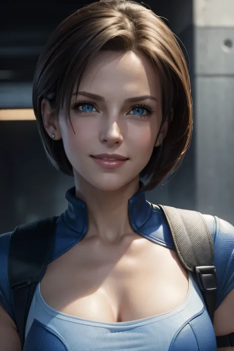 jill valentine close up view, sweet smile, looking at viewer, hair in the wind 