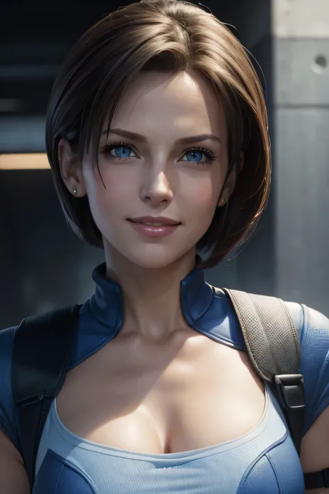 jill valentine close up view, sweet smile, looking at viewer, hair in the wind