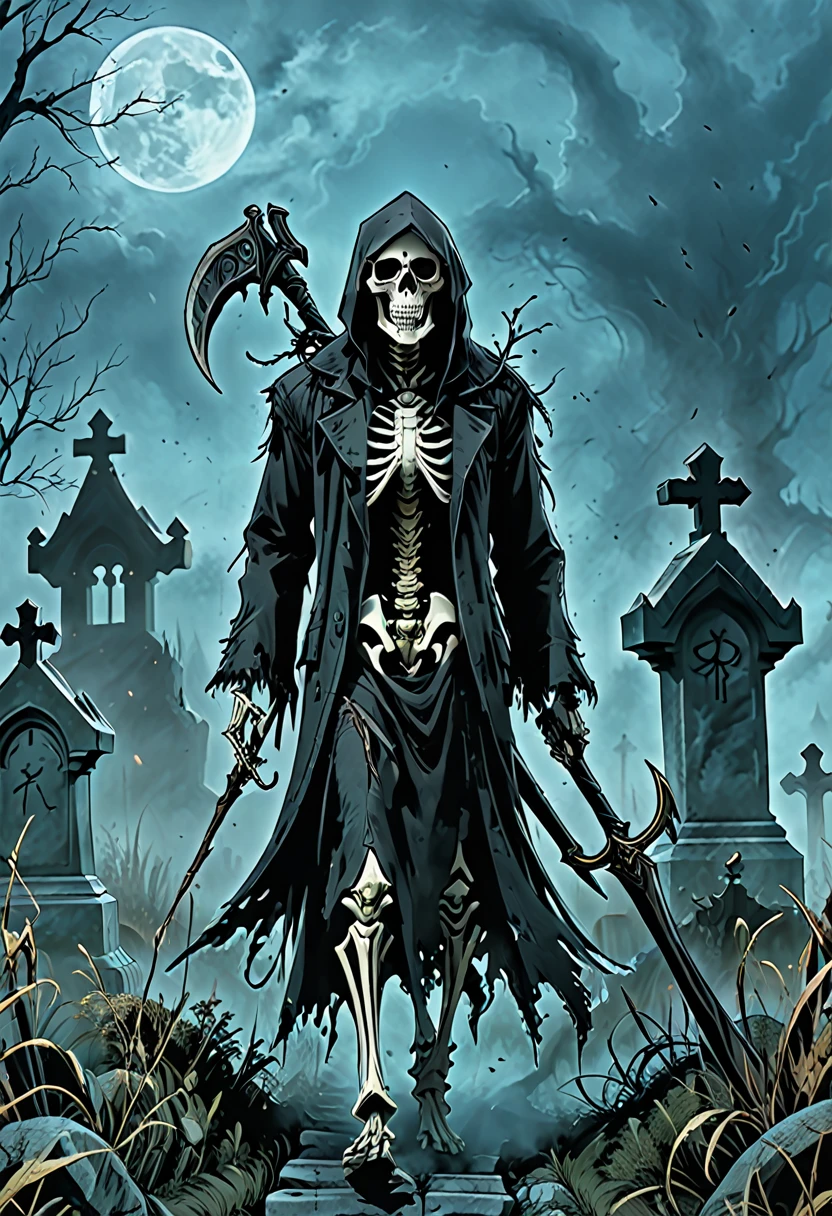 horror anime, comedy, cinematic, dramatic, full body, dynamic view, medium angle, low fog effect, HD8K quality, a skeletal reaper, very excited, floating in the middle of the cemetery carrying his scythe on his shoulder while looking at his pocket watch,